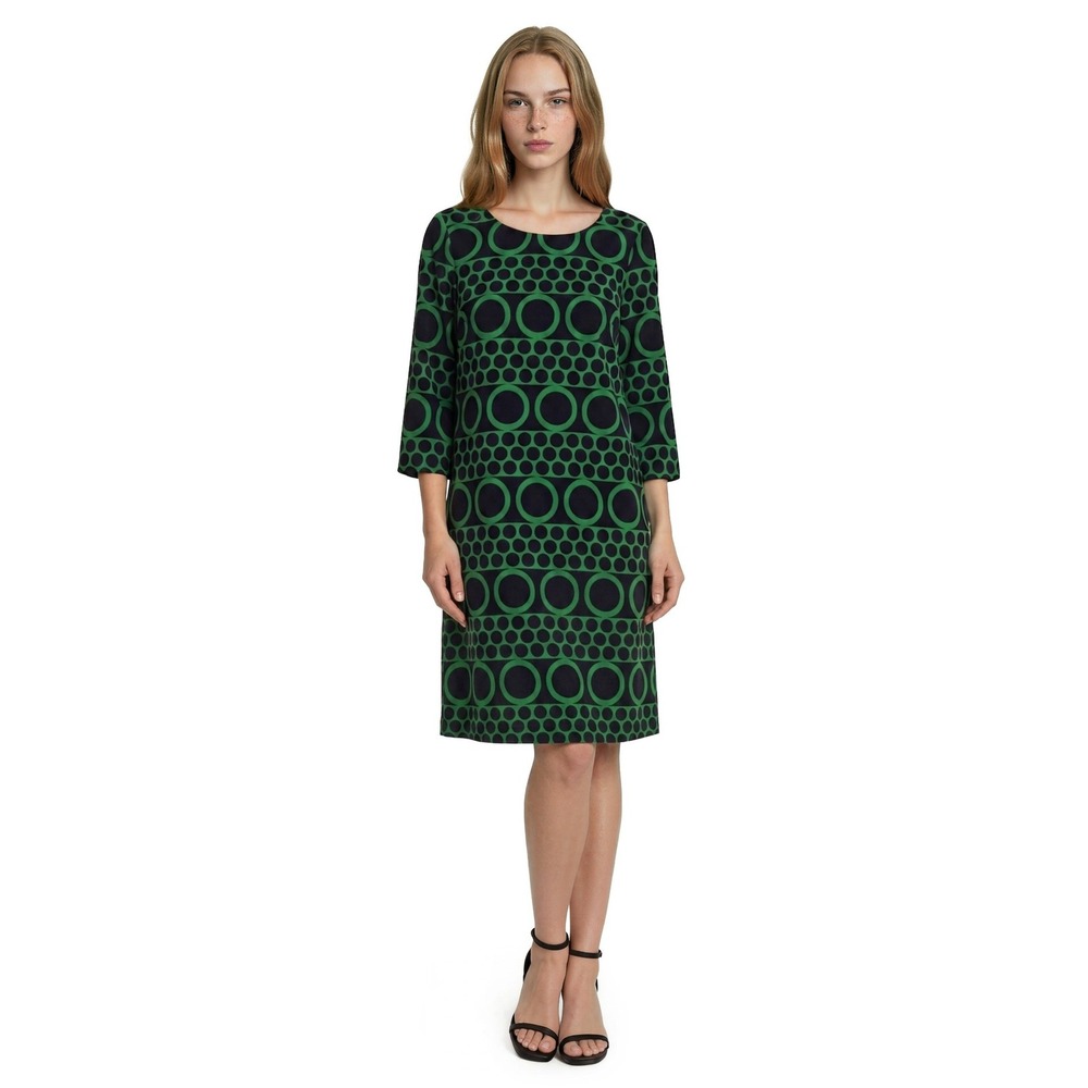Boden Shift Dress Women's Size 12 R Green Navy Geometric Print 3/4 Sleeve Retro